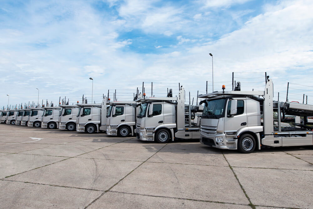 A fleet manager and dispatcher reviewing a stack of commercial transport permits — UCR, oversize/overweight, and state operating permits — across a fleet of trucks