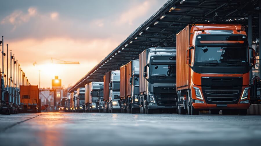 Trucks lined up at a freight terminal at dusk waiting to be loaded - hazmat registration is owed by the businesses offering the materials as well as the carriers hauling them