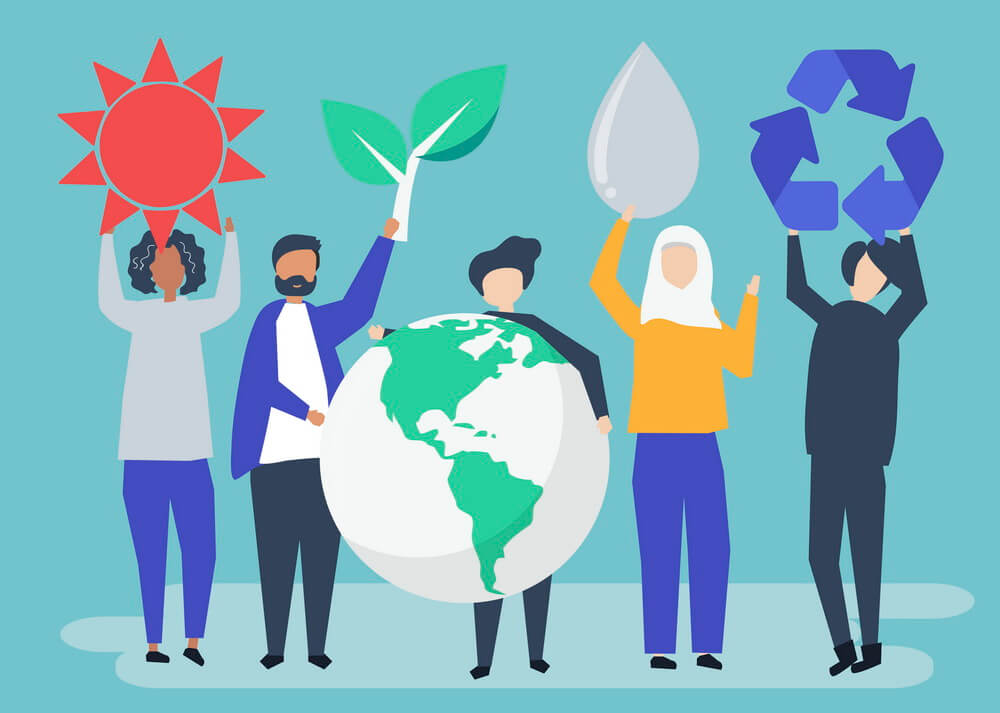 People holding symbols for clean air, water, and waste recycling around a globe — the areas an environmental permit authorizes a facility to operate within