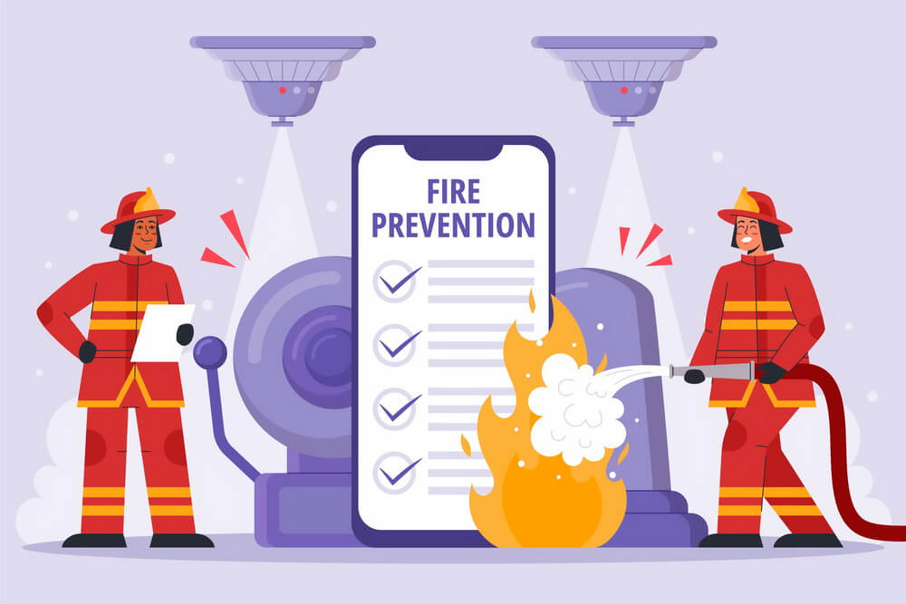 A fire-prevention checklist on a phone screen surrounded by ceiling detectors, an alarm bell, and firefighters — the life-safety systems a building keeps on separate service schedules