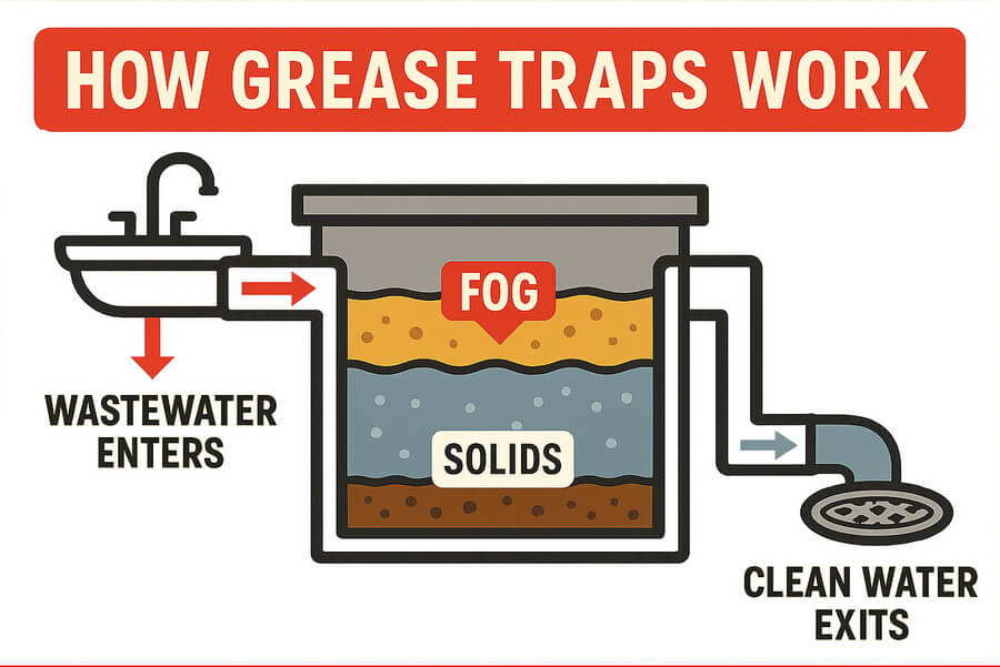 Diagram of how a grease trap works: wastewater from a kitchen sink enters the trap, fats, oils and grease float to the top, solids settle at the bottom, and clean water exits to the sewer