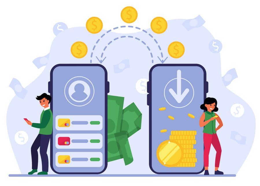 Illustration of funds moving between two people's phones - the everyday transfer that looks like it involves nobody but sender and recipient is the licensed activity a state money transmitter license permits
