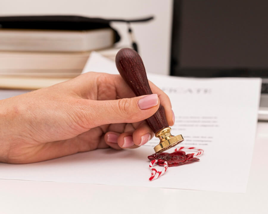 A notary seal and stamp beside a signed document — the appointment behind every notarization runs on a fixed term with its own expiry date