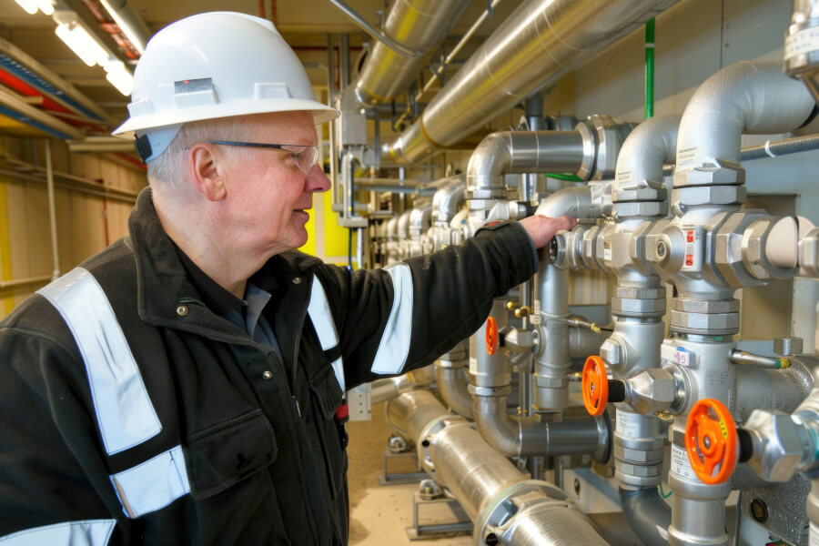 A technician in a hard hat, safety glasses and hi-vis jacket reaching toward a fitting on a stainless steel pipe manifold inside a station building - the kind of operations and maintenance work an operator identifies as a covered task, qualified one individual at a time