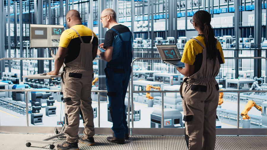 Two workers in hard hats and high-visibility clothing reviewing paperwork together beside pipework at an industrial process facility