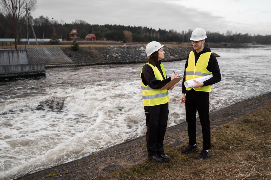 Two site staff in hi-vis vests and hard hats recording an inspection on the bank of a fast-running watercourse below a discharge structure