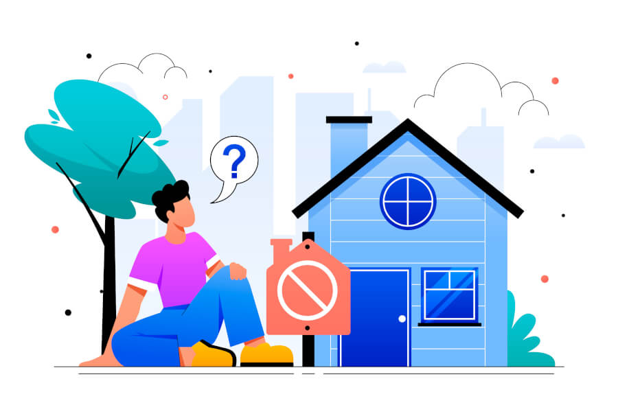 Illustration of a person sitting outside a house beside a no-entry sign with a question mark above them, representing an owner separated from property that someone else is holding for them