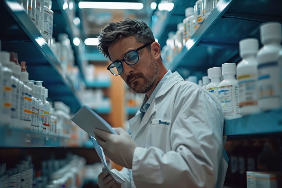 A white-coated worker checking labelled drug stock against a clipboard on lit shelving - a wholesale drug distributor's authorization to supply that inventory rests on state licenses and an annual FDA licensure report, not on anything visible on the shelf