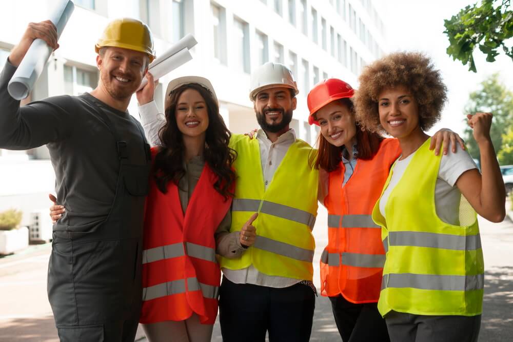 Construction crew in hard hats and high-visibility safety vests on a job site, covered by current workers' compensation insurance